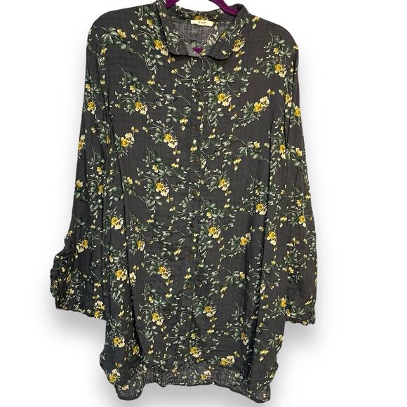 Easel Button Front Tunic Top Women's Medium Navy Blue Floral Casual Modest Shirt - Picture 2 of 13